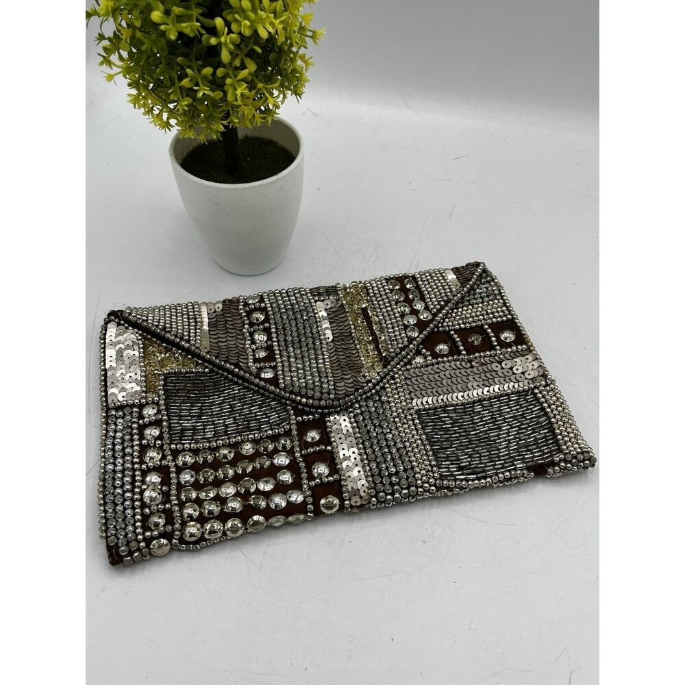 Vintage Silver Beaded Sequin Clutch Purse Geometric Art Deco Evening Bag 9"